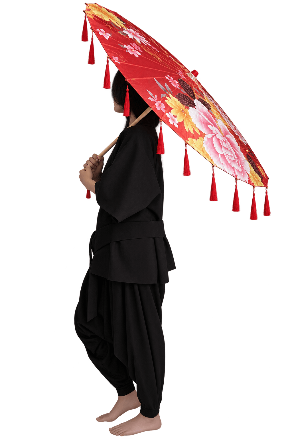 Figura de kimono negro sosteniendo un paraguas japonés rojo