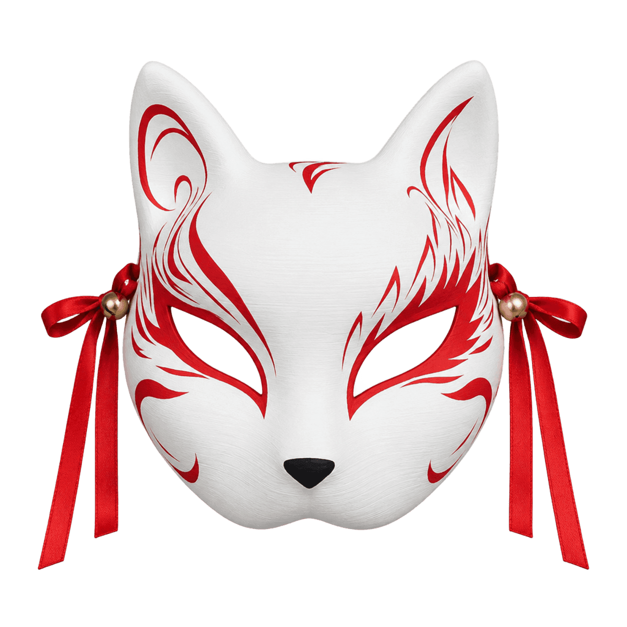 Máscara Kitsune impresa en 3D, zorro blanco con trazos bermellón, cintas rojas y cascabeles dorados