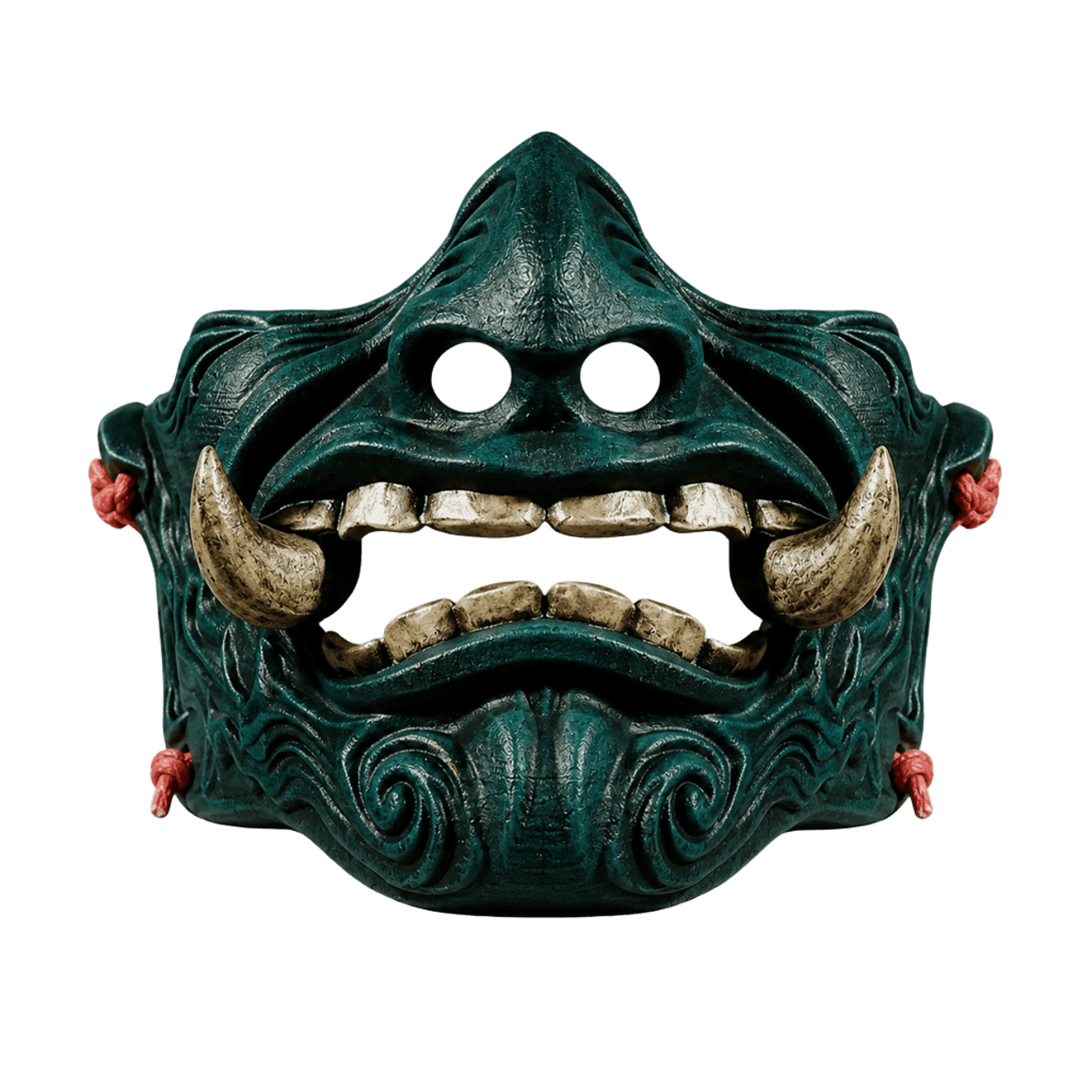 Mempo Oni impreso en 3D, media máscara verde jade con colmillos dorados y cordones rojos
